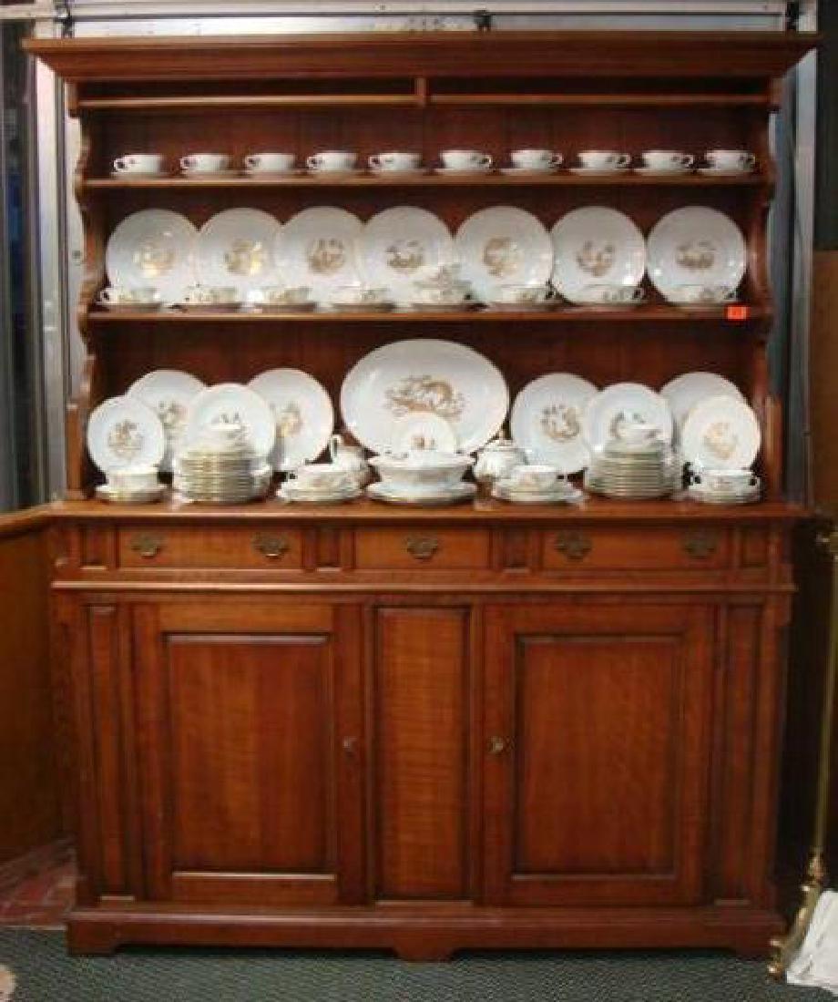 Quality Hand Built Maple Pewter Cupboard/Hutch:: Quality Hand Built Maple Pewter Cupboard/Hutch: Flat Molded Cornice Over Hanging Rod and Two Shelves. Bracket Sides Down to Lower Chest with 3 Side by Side Drawers and Blind Cabinets Below. Pierced Br