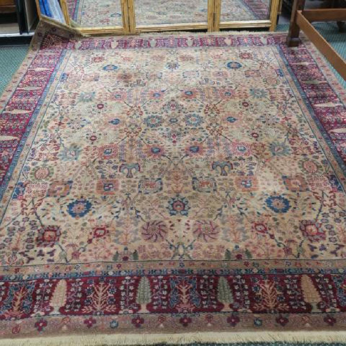 Hand Loomed Wool Persian Rug:: Hand Loomed Wool Persian Rug: Brown Palette with 4 Banded Border. Main Border Alternated Tree of Life and Fir Tree with Guard Borders of Flower Heads. Oatmeal Ground Center Strewn with Meandering Vine