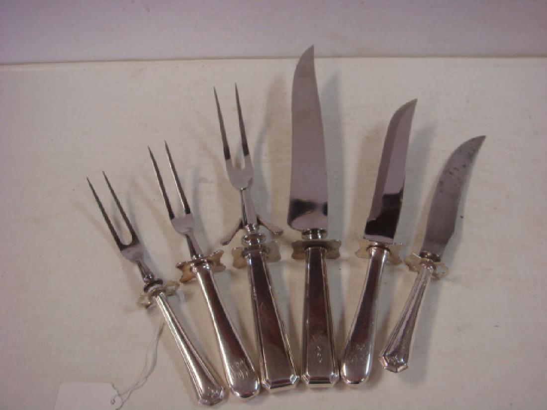 Three Sterling Handled Carving Sets:: Three Sterling Handled Carving Sets: Knife and Fork Sets Made by S. Kirk & Son, H.R. Mors and Unmarked. (100-200)