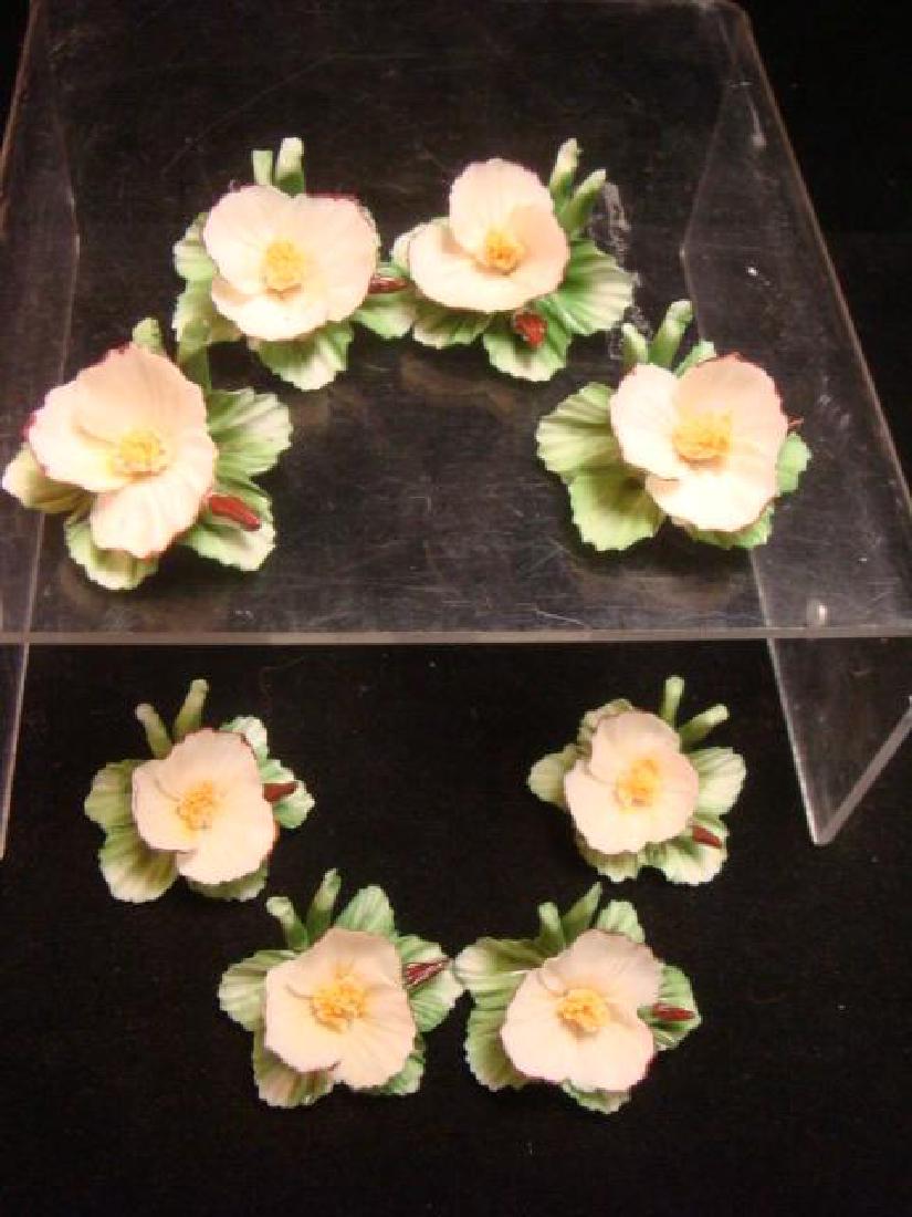 Eight Capodimonte Flowers Table Place Card Holders:: Eight Capodimonte Flowers Table Place Card Holders: Pretty White Flowers on Green Leaves. 1 Inch by 1". Delicate Addition to your Table. (50-100)
