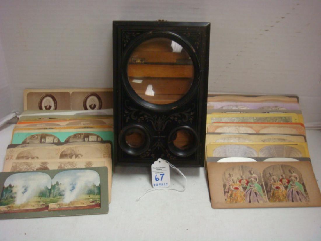 Three-Part French Box Stereo-graphoscope with Cards:: Three-Part French Box Stereo-graphoscope with Cards: C.A. 1875. Lenses & Large Magnifier. Black Lacquer Finish Exterior with Decorative Carving on Front. Includes 46 Stereo Cards. 5 3/4" x 9". (160-30