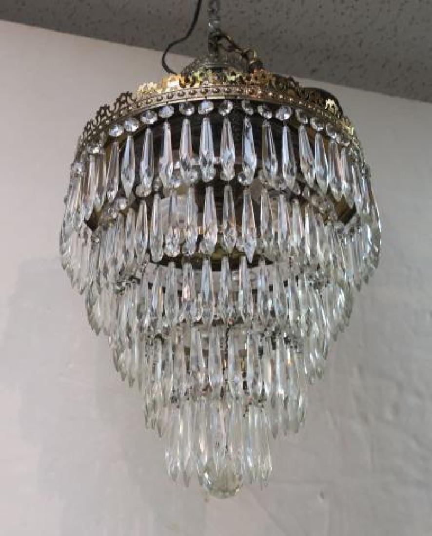 5 Tier French Style Wedding Cake Crystal Chandelier:: 5 Tier French Style Wedding Cake Crystal Chandelier: Cascading Tiers of Pendant Spear Prisms on Brass Metal Rings with Faceted Ball Finial. This Hollywood Regency Waterfall Fixture Measures 22"L, 15"W