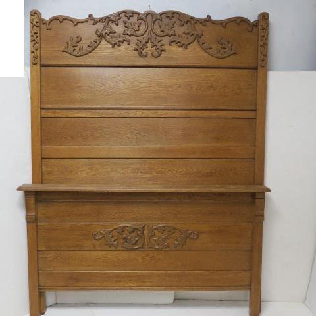 Victorian Oak Full Size Bed with Rails:: Victorian Oak Full Size Bed with Rails: High Back Headboard with Applied Leaf Carvings. Headboard is 74"T, Footboard is 33 1/2"T. 58"W. Oak Rails. (200-300)