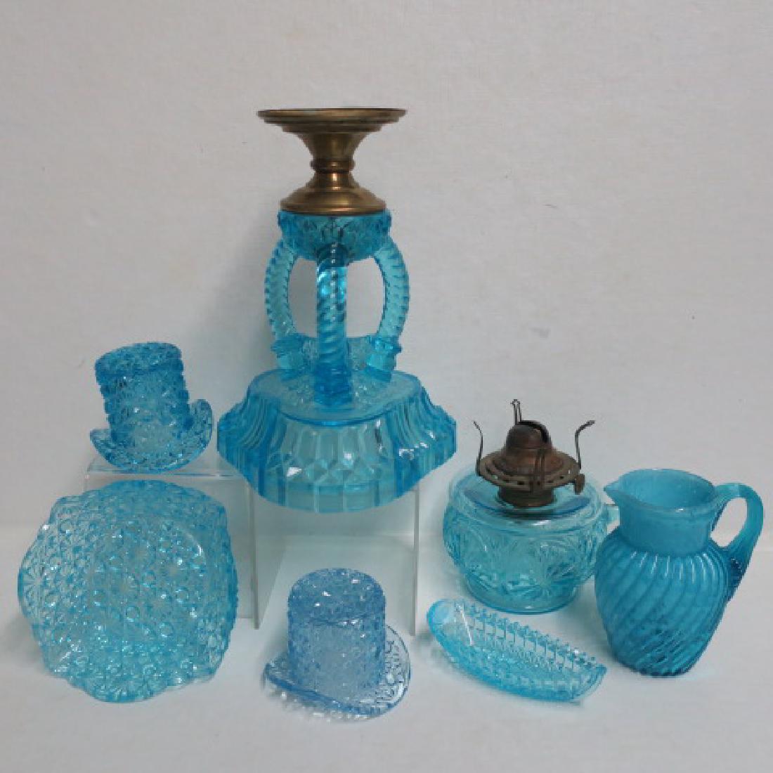 Various Blue Pressed Glass:: Various Blue Pressed Glass: 2 Hat Vases, 2 Asher's, Pitcher, Triangular Candy Dish, Oil Lamp with Handle, no Shade. (30-60)