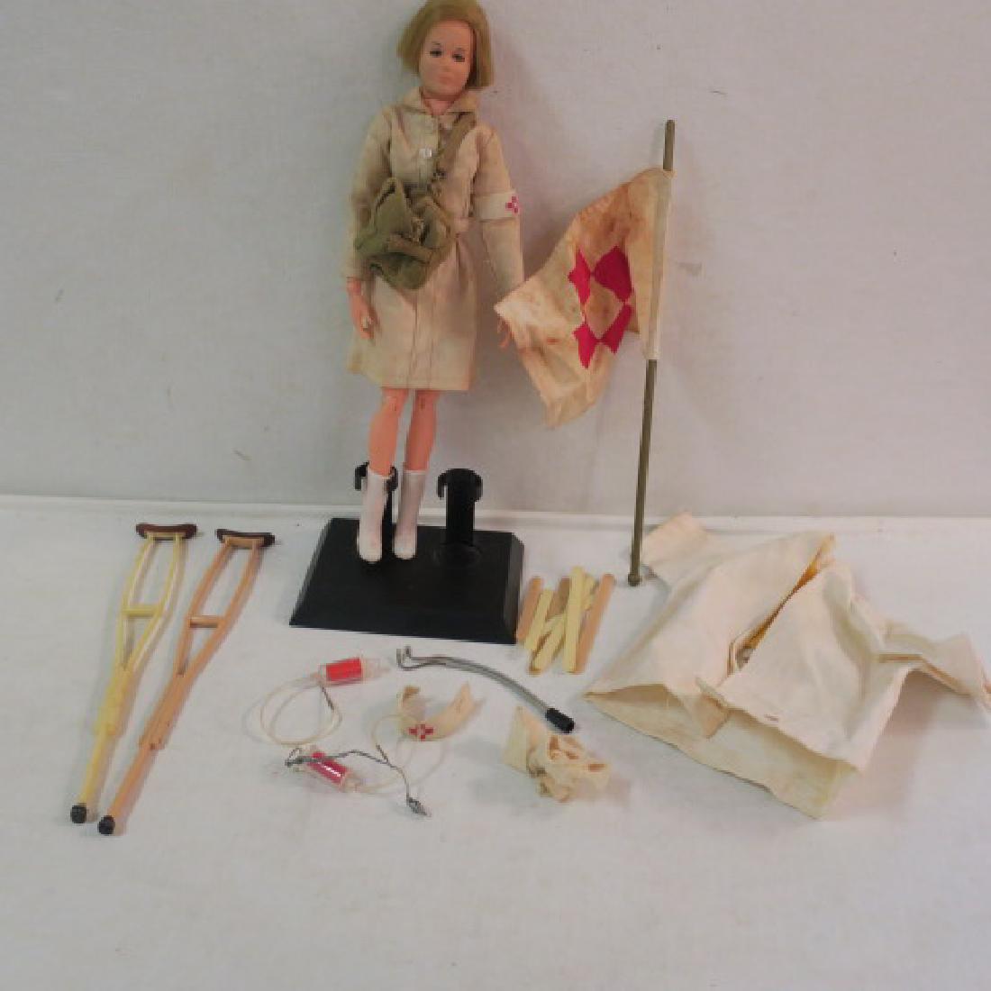 VERY RARE HASBRO "GI NURSE ACTION GIRL" CA 1967:: VERY RARE HASBRO "GI NURSE ACTION GIRL" CA 1967: Only GI JOE Female Figure. Nurse with Nurse Uniform, Brown Shoulder Bag, Crutches, IV Bottle, Bandages and Splints, Stethoscope, and Red Cross Arm Band