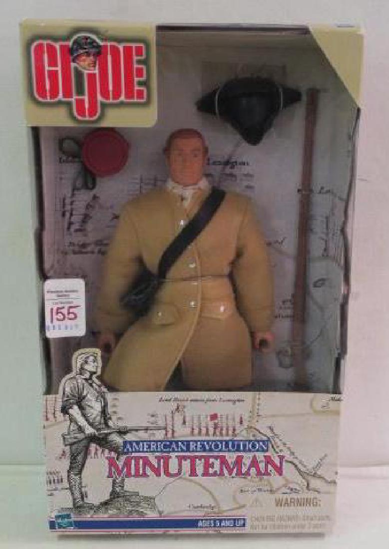 HASBRO GI JOE "AMERICAN REVOLUTION MINUTEMAN:": HASBRO GI JOE "AMERICAN REVOLUTION MINUTEMAN:" Equipped with Tri-Corner Hat, Coat, Musket. Canteen, Cartridge Box, Shirt, Shoes, Cravat, and Breeches. Mint in Box, CA 1999. 12" Tall. (50-100)