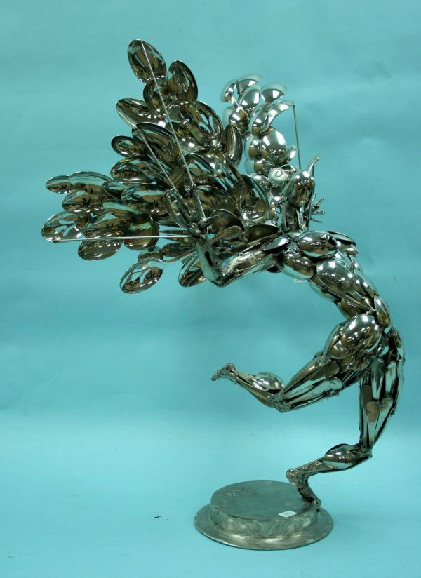 BOBAN ILIC - Contemporary Serbian School. " Icarus: BOBAN ILIC - Contemporary Serbian School. " Icarus". A large silverpatinated sculpture raised on a circular base. Signed. 31" high. Ref. Frances Reilley Gallery, Chicago " The Art of Boban" for illust