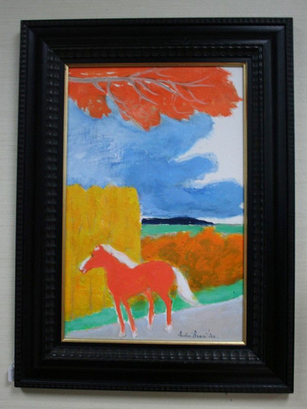 ANDRE BRASILIER -20th Century French school. "Peti: ANDRE BRASILIER -20th Century French school. "Petit cheval le pen." Oil on canvas. Signed lower right. 15 3/4" x 10 1/4". Titled on stretcher. In black wood frame. With "Certificate of Expertise from