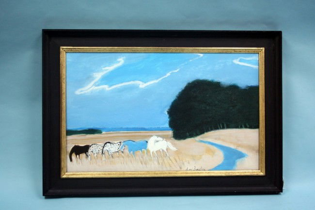 ANDRE BRASILIER - 20th Century French school. " Ci: ANDRE BRASILIER - 20th Century French school. " Cing Chevaux dans la Prairie". Oil on canvas. Signed lower right titled and dated 1991 on reverse. 14 1/2" x 24 ". With certificate of expertise from Al