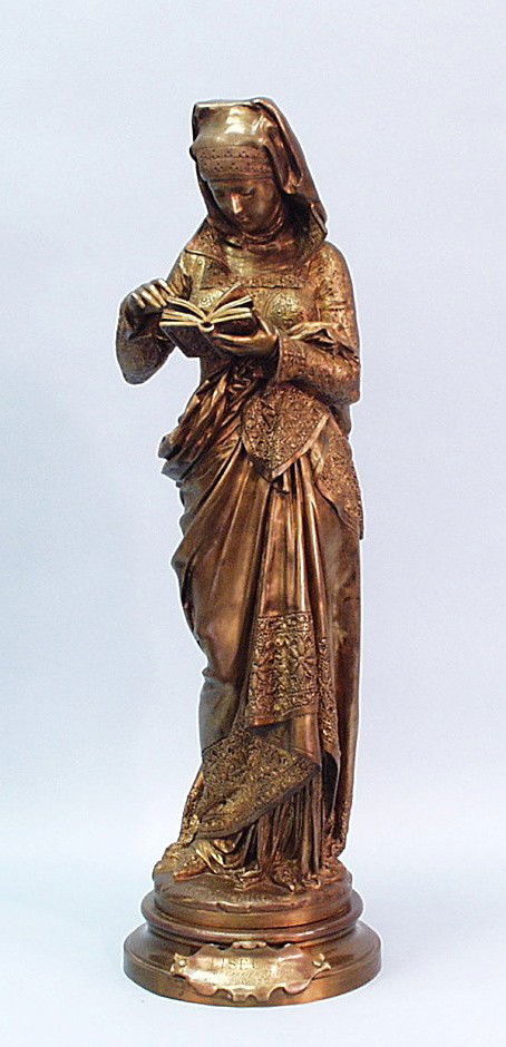 ALBERT-ERNEST CARRIER-BELLEUSE (1824-1887) French s: ALBERT-ERNEST CARRIER-BELLEUSE (1824-1887) French school. "Liseuse". An important gold patinated bronze figure of a young woman reading a book. Excellent period cast with fine details and surface fini