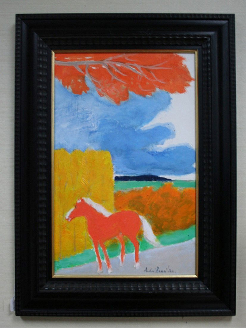 ANDRE BRASILIER -20th Century French school. : ANDRE BRASILIER -20th Century French school. "Petit cheval le pen." Oil on canvas. Signed lower right. 15 3/4" x 10 1/4". Titled on stretcher. In black wood frame. With "Certificate of Expertise from