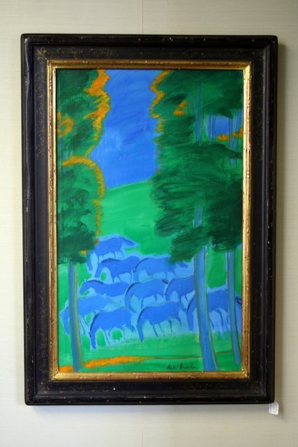 ANDRE BRASILIER - 20th century French school. "Che: ANDRE BRASILIER - 20th century French school. "Cheveaux en Septembre - Rapsody in blue and green". Oil on canvas. Depicting a group of posturing horses. Signed. 18" x 24". Cca. 1960.