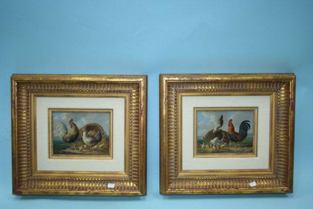 ALBERT VERHOSEN (1806 - 1881) Dutch school. A pair: ALBERT VERHOSEN (1806 - 1881) Dutch school. A pair of fine oil paintings on wood panel, each depicting charming barnyard scenes with chickens. Each 5" x 6 1/2". In gilt frames. Signed and dated 1874.