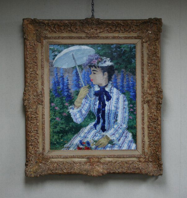 SUZANNE EISENDIECK - 20th Century German school. A: SUZANNE EISENDIECK - 20th Century German school. A pointilist oil on canvas depicting a young girl with an umbrella. Signed lower left. 23 1/2" x 19 1/4". Eisendieck exhibited at the 1929 Paris Salon