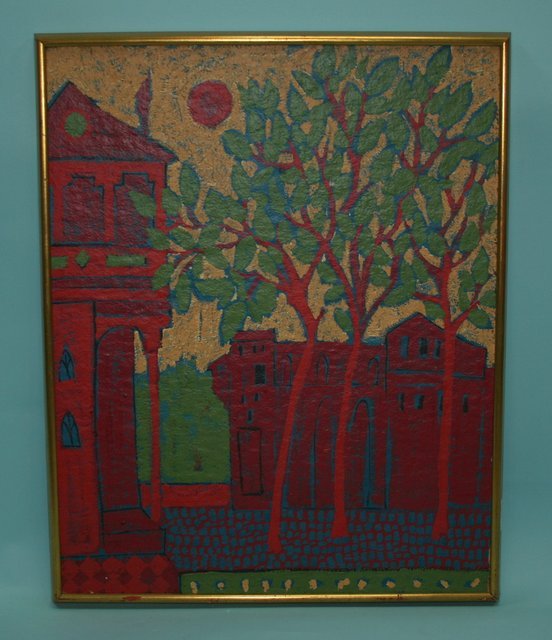 KARL MANN - 20th century American school. "San Seb: KARL MANN - 20th century American school. "San Sebastian". Oil on panel in red tones. 29 3/4" x 23 1/2". Titled and marked on reverse. In gilt frame.