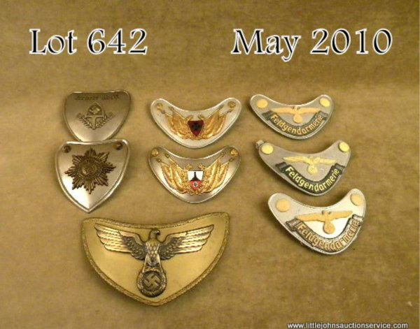 Lot of 7 German military and political gorgets; P: Lot of 7 German military and political gorgets; Political leader, military police, SA, and veterans. All in very good condition. Est: $1,000 - $2,000