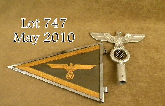 Lot of WWII German naval flag officer's car penna: Lot of WWII German naval flag officer's car pennant and political flag pole top. Very good condition. Est: $400 - $800
