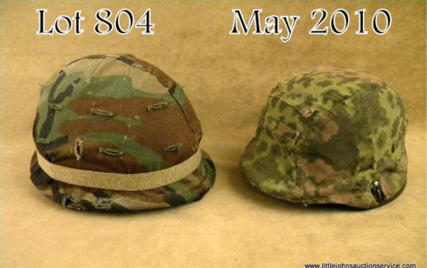 Lot of three helmets: WWII German M40 helmet shell: Lot of three helmets: WWII German M40 helmet shell with field grey painted finish, liner not present. US Army Vietnam-era M1 combat helmet with cloth camouflage cover. WWII German M40 single-decal com