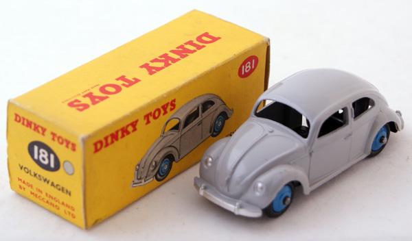 Dinky # 181 Volkswagen. Light Grey with Blue ridg: Dinky # 181 Volkswagen. Light Grey with Blue ridged hubs. Mint in Near Mint correct colour spot box.