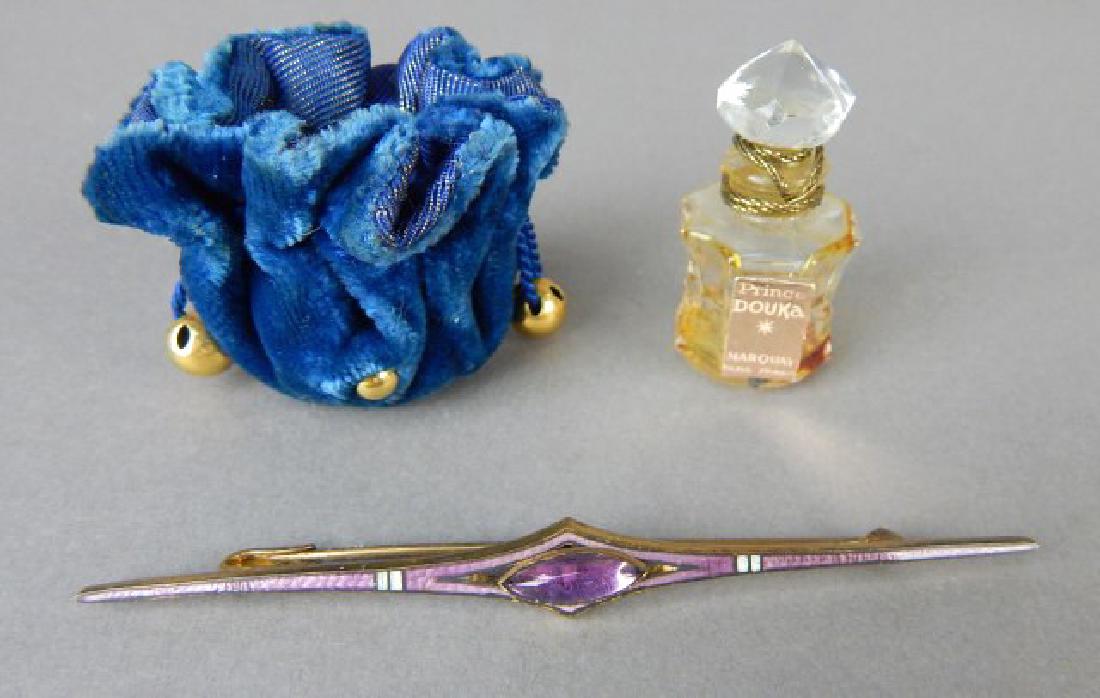 Amethyst Pin & Old Perfume Bottle: Pin measures 3 1/2", bottle measures 1 1/4". Estimate $100 - $200. Starting bid $20.