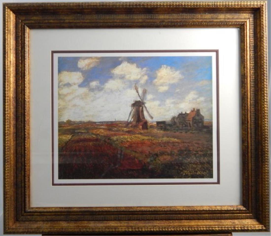 (372) Claude Monet " Windmill": Giclee. Plexi glass scratched. image measures 15" x 18 1/2". Framed 26" x 30". Estimate $400 - $500. Starting bid $50.