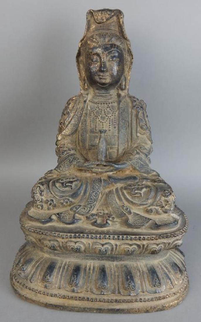 Bronze Buddhist Goddess Quan Yin: Measures 17" x 11". Estimate $500 - $700. Starting bid $100.