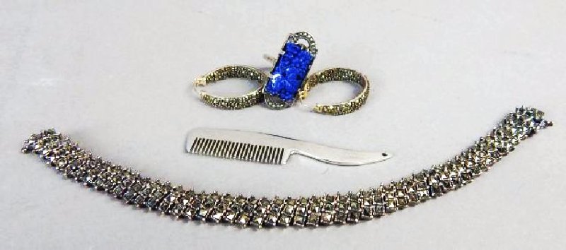 Marcasite Bracelet Earrings, Ring and Comb: No mark on bracelet. Earrings marked 9.25, sterling ring and comb. Estimate $200 - $300. Starting bid $20.