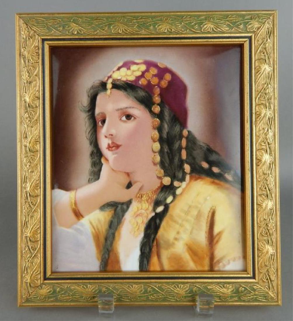 Berlin KPM Porcelain Pretty Girl Portrait Plaque: Signed on back with KPM mark and J. Schnadig. Plaque measures 8 1/4" x 7 1/4" and 10 1/4" x 9 1/4" with gilt frame. Estimate $800 - $1,200 Starting Bid $50