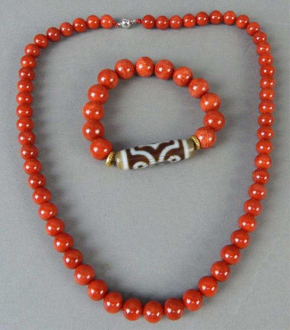 Coral Necklace & Bracele with Three Eye Stone Bead (1 of 4)
