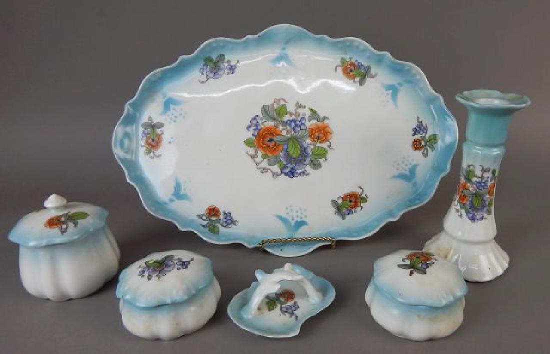Six Piece Porcelain Vanity Dresser Set Blue Floral (1 of 5)