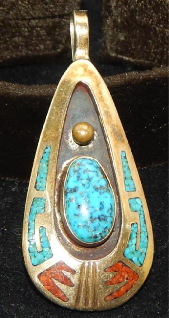 Native American 14k Gold Turquoise & Coral Pendant (1 of 2)
