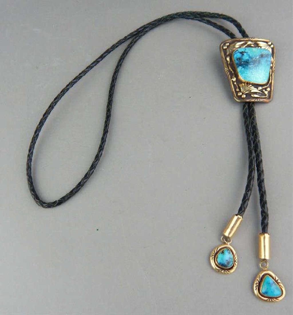14k Yellow Gold, Sterling and Turquoise Bolo Tie (1 of 6)