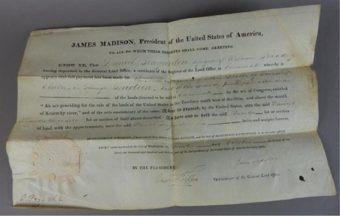 Land Grant Signed by James Madison & Edward Tiffen (1 of 7)