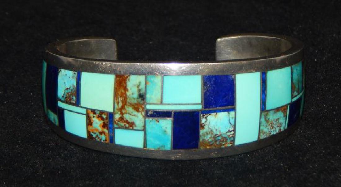 Ray Tracy Sterling and Turquoise Inlaid Bracelet (1 of 5)