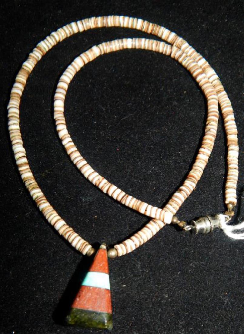Shell Beaded Necklace and Turquoise Inlaid Pendant (1 of 3)