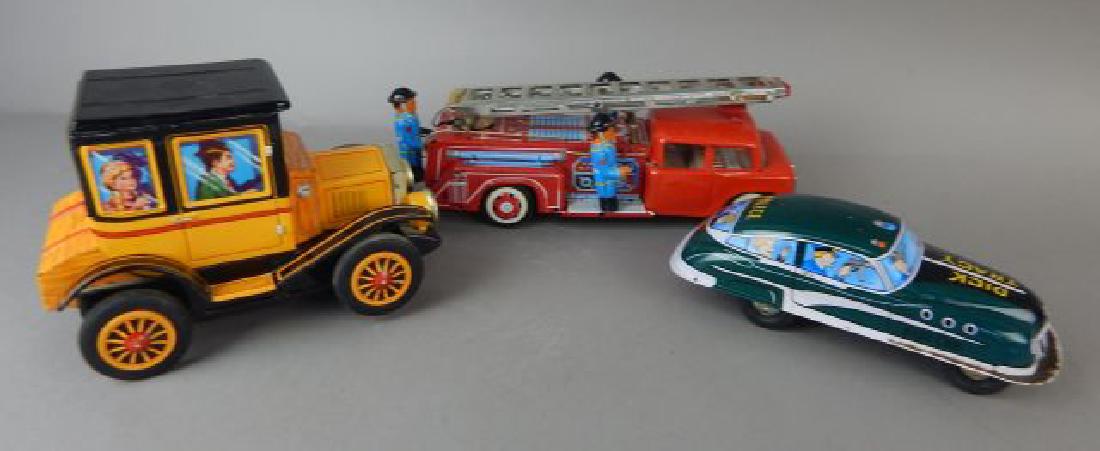 Three Tin Cars Dick Tracy, Fire Truck & Old Car (1 of 8)