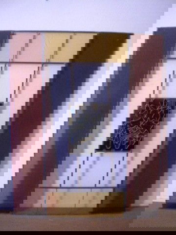 A5-7 STAINED GLASS WINDOW BY SUSAN HERTEL: Well Listed Artist Susan Hertel. From the Scottish Rite Museum on Wilshire Blvd. in Los Angeles. Measures 67" x 54".