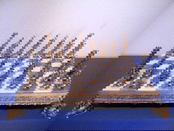 D13-18 MARBLE PEWTER & GOLD CHESS SET: With Camel Feet. Top measures 24" square.