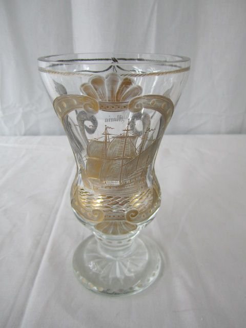 A22-29 19TH CENTURY BOHEMIAN GLASS BEAKER: With Intricate Engraved Design of Ship Santa Maria and Sea Serpents. One of a Kind. Measures 7" tall.