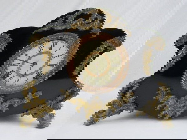 D28-2 BLACK SLATE CLOCK WITH BRONZE ORMOLU: Measures 10" tall x 13" wide.