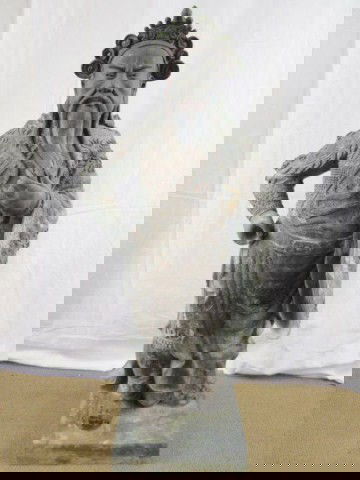 A32-70 CHINESE BRONZE FUGURE: Chinese chieftain figure in traditional robe executed in bronze. Terminates in a square base. Measures 43" tall.