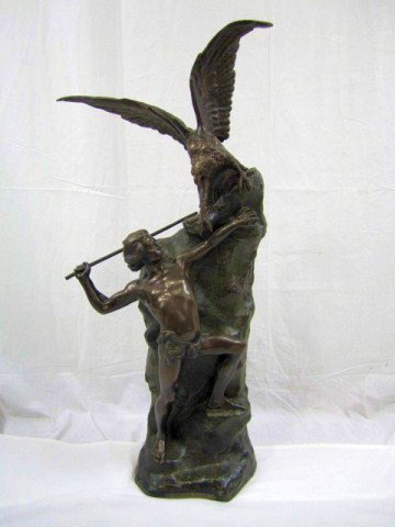 A18-8 BRONZE STATUE SIGNED: Listed Artist Theophile Somme 1871-1951. Label reads "Denicheur D'Aigles Par Th. Somme Salon Des Beaux Arts 1899" Measures 36" tall. Estimate