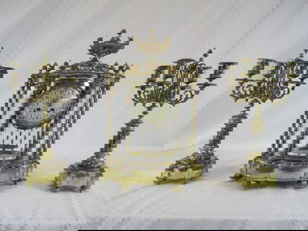 A11-38 CHAMPLEVE CLOCK SET: Candelabras measure 16 1/2" tall and clock measures 18 1/2" tall.