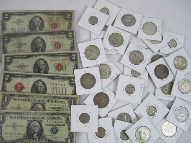 C6-12 LOT OF 34 ASSORTED COINS, DOLLARS & CERTIF.: Includes 2 Silver Certificates One Dollar Bills 1957 A & B, 1928 G, 1963, 1953 A and 1953 A Two Dollar Bills with red Seal, 5 Walking Liberty Half Dollar Silver Coins, 2 Ben Franklin Half Dollar Silve
