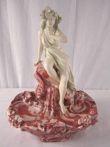 A44-16 ART NOUVEAU FIGURAL DISH SIGNED ROYAL DUX: Circa 1900. Measures 13 1/2" tall.