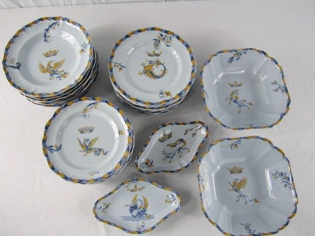 A17-2 GALLE SIGNED DINNER SET: Circa 1880. Very rare, service for 8, Includes soup, salad, dinner plate, 2 serving bowls, and 2 condiment dishes. Total of 28 pieces.