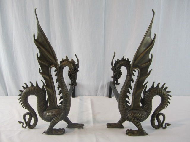 A44-33 PAIR OF BRONZE ANDIRONS OF DRAGONS