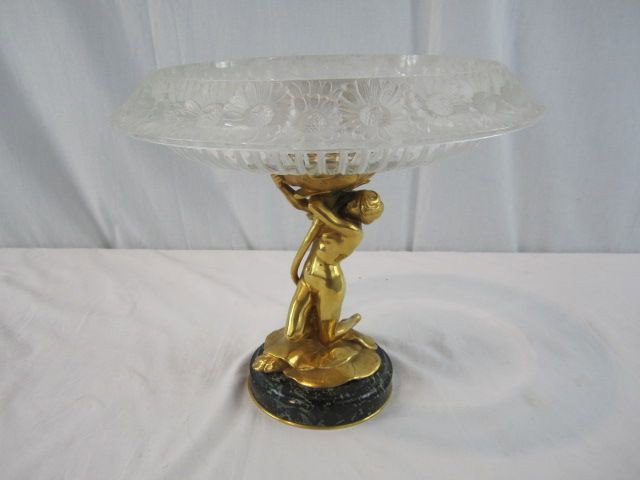 A47-12 LALIQUE CENTER BOWL WITH GOLD DORE BRONZE: Figure signed M. Bouval. Bottom of base signed "Thiebaut Fres Paris Fumiere Et Gavignot S Ps". On marble base. Measures 12" tall x 14" diameter.