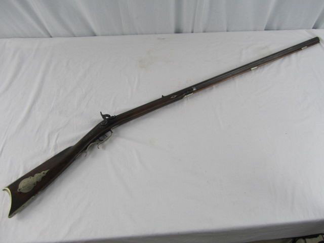 A2-7 HEAVY BARREL "PLAINS RIFLE" SIGNED J. BROWN: 1/2 stock percussion "plains rifle" of high quality signed J. Brown on BBC circa 1850-1860's. German silver mounted with nice quality engraving, approx. 36 caliber rifled. Good condition for it's age 