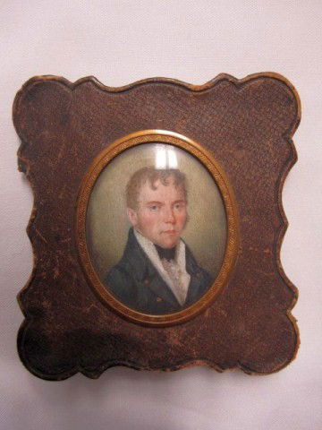 A25-1 IVORY PORTRAIT OF THOMAS BIRCH: Renowned painter of battle scenes from the war of 1812. Well known marine painter in original leather frame. Portrait may have been done by Boilly of France. Measures 3 3/4" x 3 1/2".